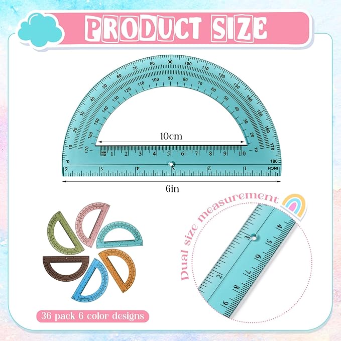 Sayglossy 36 Pcs of Colorful Plastic Protractors 180 Degrees 6 Inches Mathematical Protractor Translucent Geometric for Learn Office Measurement Drawing