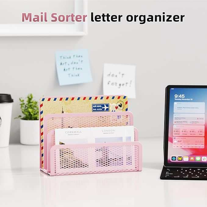 Marbrasse Mail Organizer for Desk, 3-Slot Mesh Metal Mail Holder countertop, Letter Holder, Office Desktop Envelope and Document Storage Rack (Pink)