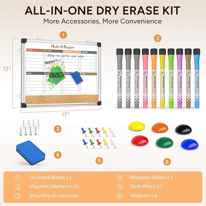 Weekly Dry Erase Board and Cork Board Combo for Wall, 17"x13" Reversible Hanging Dry Erase Board, Double Sided White Board with Aluminum Frame for Planning, Office, Kitchen, School, Home