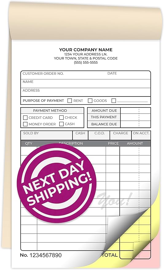 Custom 4.25" x 7" Carbonless NCR Books in 3-Part Triplicate Invoices, Receipts, Work Orders, Sales Orders, Purchase Orders, Estimates, Quote Forms with Your Company/Business Name (132 Sets)