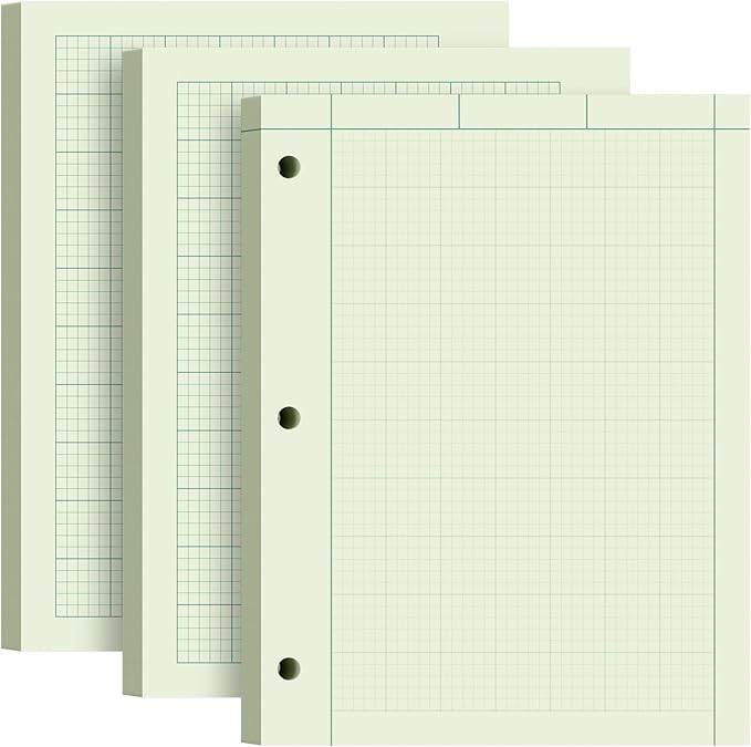 Engineering Paper 8.5 x 11, 3 Pack Engineering Notebook, 5x5 Quad Ruled, 3-Hole Punched Graph Paper, Top Binding Green Engineering Computation Pad 8.5 x 11, 100 Sheets/Pad Engineering Paper Notebook