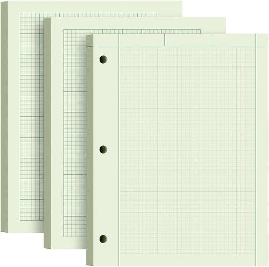Engineering Paper 8.5 x 11, 3 Pack Engineering Notebook, 5x5 Quad Ruled, 3-Hole Punched Graph Paper, Top Binding Green Engineering Computation Pad 8.5 x 11, 100 Sheets/Pad Engineering Paper Notebook