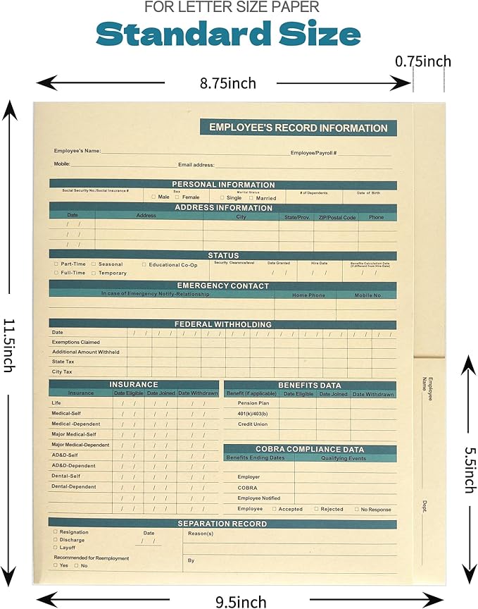 HR Folders for Employee Files – 25-Pack Heavy-Duty Manila Folders with Preprinted Personnel Forms and Labels, 9.5 x 11.5 Letter Size, 2 Internal Pockets, Secure Document Storage