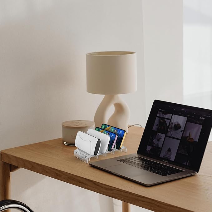 CaSZLUTION Acrylic Multi Device Organizer Stand Base for Portable Charger Power Banks, 4 Slots Desktop Storage Holder Compatible with USB Battery Pack, Phones and Tablets (Stand Only) - Clear