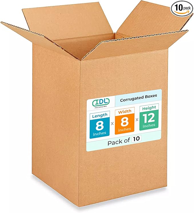 Small Moving & Shipping Boxes 8x8x12 inches (10-Pack) - Extra Strength 200 lb vs Regular - Corrugated Packing Boxes for USPS/FEDEX - Packing Box Small - Box Cardboard by IDL Packaging