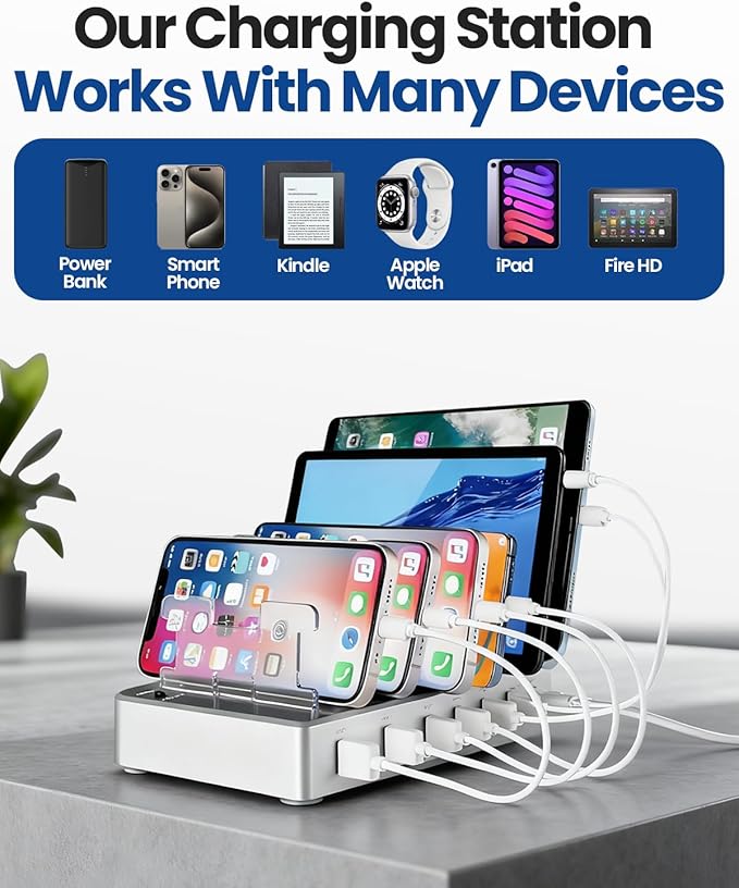 6-Port USB Charging Station with 6 Included Cables, Fast Charging Hub for iPhone Android Cell Phone, Tablet, Smartwatch - Multi Port Desktop Organizer (Silver)