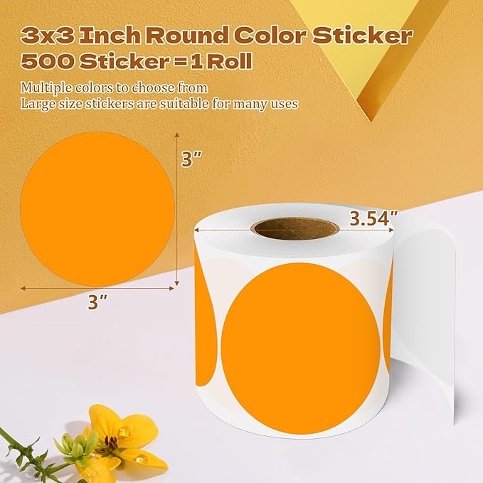 3 Inch Round Color Coding Labels (500 per Roll) - Colored Dot Stickers Round Labels for Inventory, Warehouse, Office Organizing - Orange Circle Stickers