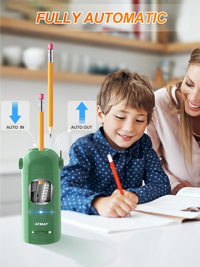 AFMAT Electric Pencil Sharpener, Fully Automatic Pencil Sharpener for Classroom, Robot Sharpeners for 7-11.5mm No.2/Jumbo/Colored Pencils, Auto in & Out, Rechargeable & Cordess, Hands-Free, PSX5,Green