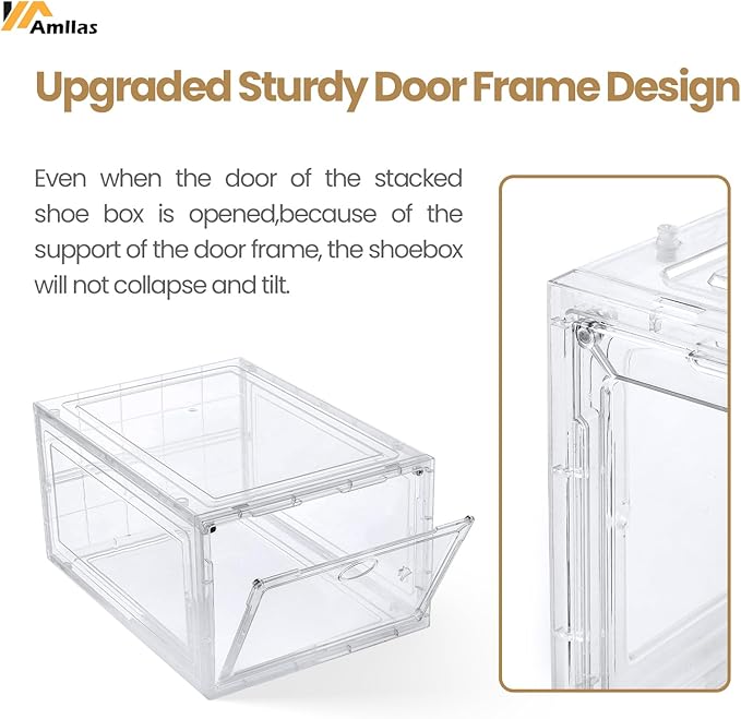 Amllas 12 Pack Clear Shoe Boxes Stackable,Shoe Storage Boxes for Closet,Sturdy Shoe Box Storage Containers with Clear Door,Sneaker Storage,Easy to Assemble,Fit up to US Size 12(13.8”x 9.84”x 7.1”)