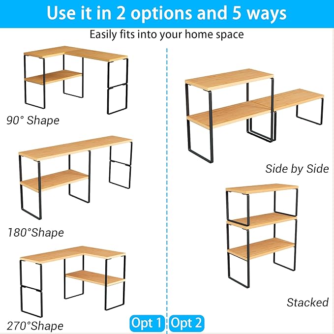 Golener Countertop Organizer Corner Shelf, 2-Tier Adjustable Stackable Corner Shelves for Kitchen, Spice Rack, Coffee Area, Over Sink, Bathroom, Dresser Table, Corner Counter Shelf Stand, Bamboo