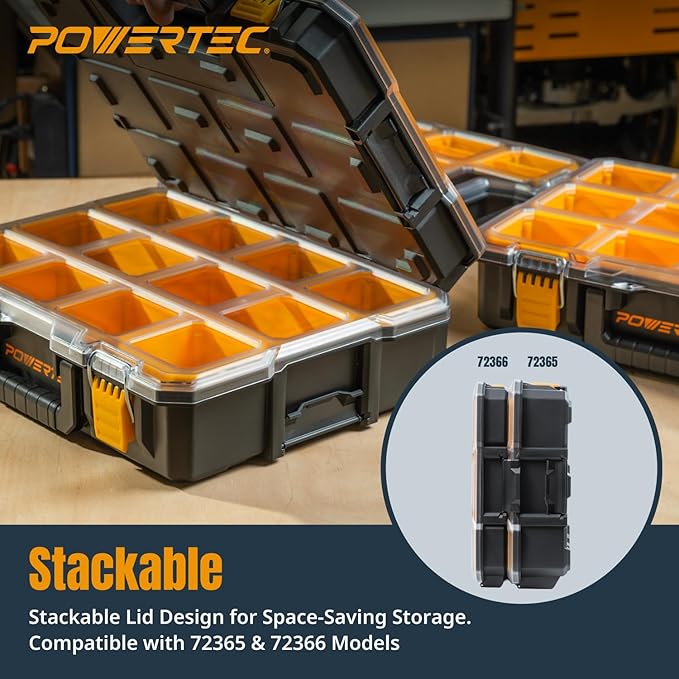 POWERTEC Small Parts Organizer & Tool Box – 10 Compartments, IP65 Water & Dust Protection, Stackable Storage with Interlocking Latch, Removable Tray, Clear Lid, Portable Design (72365)