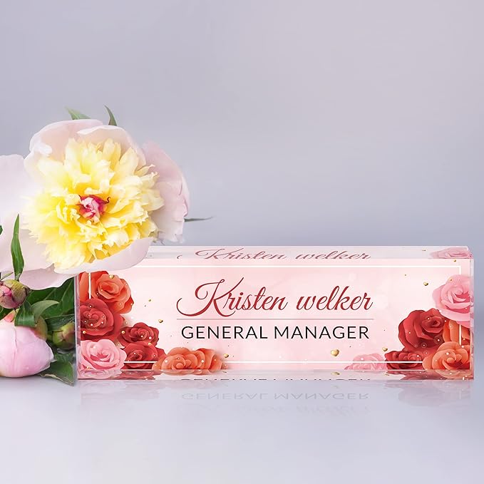 AZUFEMOS Personalized Acrylic Desk Name Plate Custom Employee Appreciation Gifts Office Gifts for Women, Men, Boss, Coworkers, Teacher, Nurse (Red Rose)