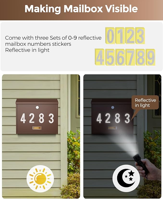 LAND·VOI Locking Wall-Mount Mailbox for Outside, with 4 Keys, Galvanized Steel Rustproof Metal Postbox, 4" Dx13.8 Wx11.2 H, Includes 3 Sets of Mailbox Numbers, Nameplate, Bronze