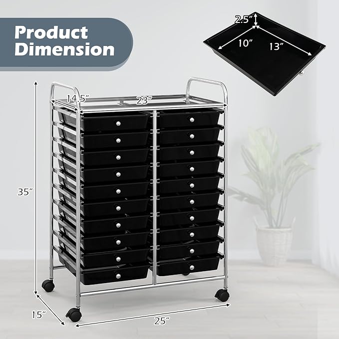 Happygrill 20-Drawer Organizer Cart Tools, Mobile Utility Storage Cart with Removable Drawers & Lockable Wheels, Rolling Storage Cart with wheels for Home Office School (Black)