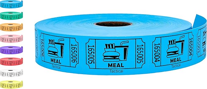 Tacticai 1000 Raffle Tickets, Meal, Blue (1 of 8 Colors), Single Roll, Ticket for Events, Food, Class Reward, Fundraiser & Prizes