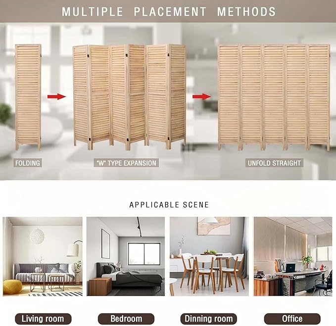 6 Panel Room Dividers and Folding Privacy Screens, Divider for Room Separation, Wood Louvered Divider Wall, Wooden Partition for Home Office Bedroom (Natural)