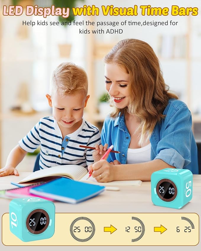 Digital Pomodoro Timer Cube 5/10/25/50min, Visual Productivity Flip Timer for Kids Classroom Desk, Custom Countdown, Silent and Sound Mode for ADHD Study Work Game Kitchen (Mint Green)