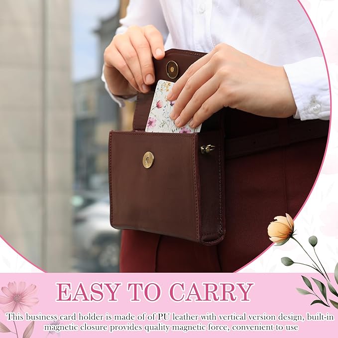 Outus 2 Pieces Business Card Holder, PU Leather Business Card Case Pocket Wallet with Magnetic Shut for Valentines Gift Men Women(Pink and White,Floral)