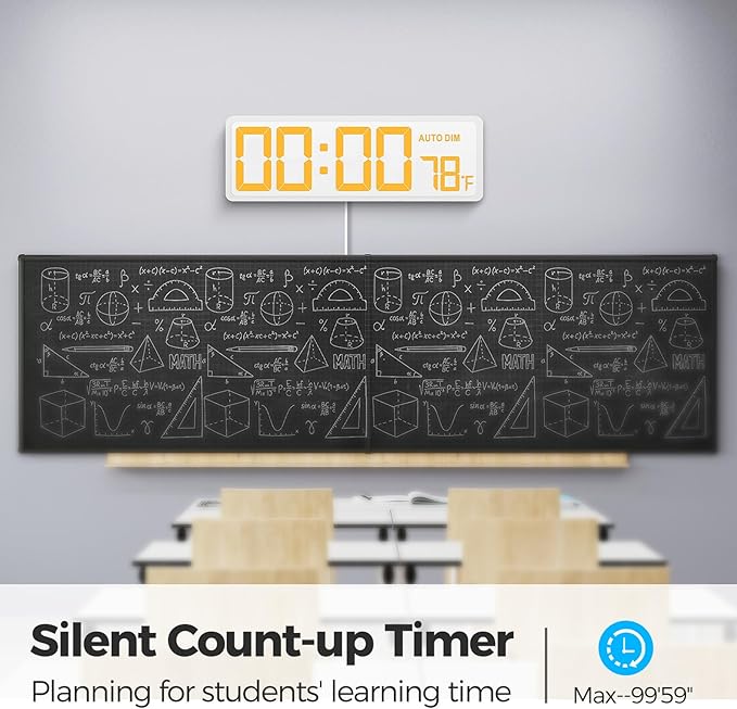 REACHER 16.5" Large Digital Wall Timer Clock with Countdown Timer, Auto Dimmer, Temperature, Remote Control, LED Wall Clock for Home Decor, Living Room, Office, Gym, Classroom, White