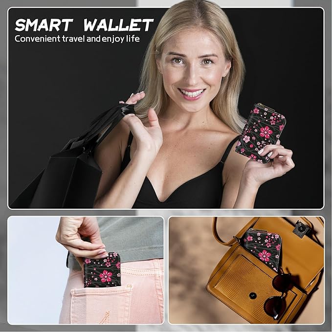BWEGRHE Cute Credit Card Holder with Zipper, Pink Cherry Blossom RFID-Blocking Card Case Small Wallet for Women Men, Multi-slot Card Organizer Case Travel Accordion Wallet