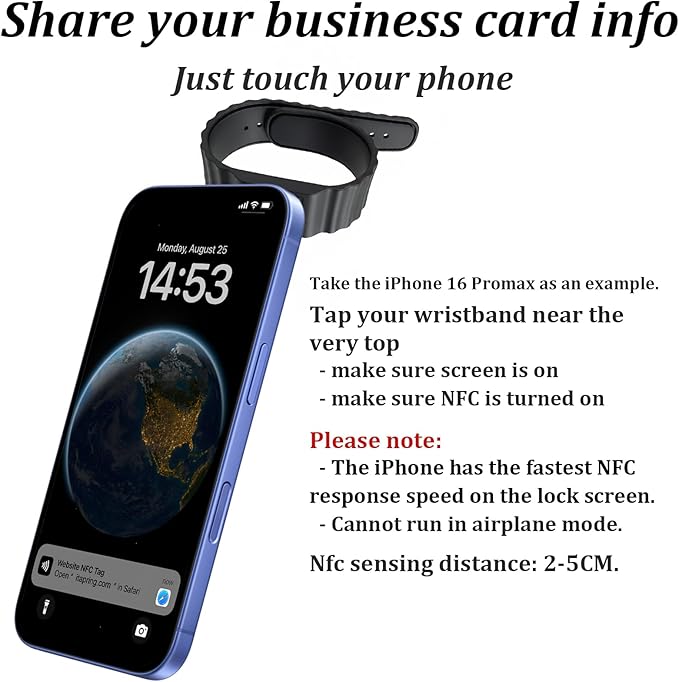 Digital Business Card Wristband - NFC Business Card - Social Media Sharing & Instant Contact - Tap to Share NFC - Suitable for Office, Social Media, Campus, for iOS & Android - 1pc