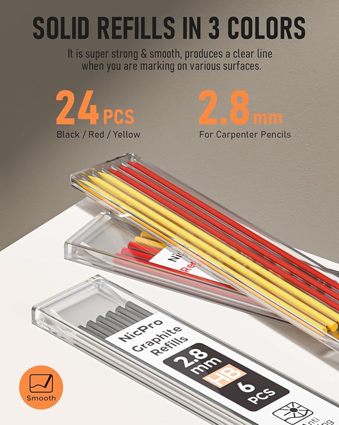 Nicpro 2 Pack Carpenter Pencil Set with Sharpener & Finger Grip, Mechanical Woodworking Pencils with 26 Refills (Red, Black, Yellow), Deep Hole Marker Heavy Duty Construction Pencils - With Case