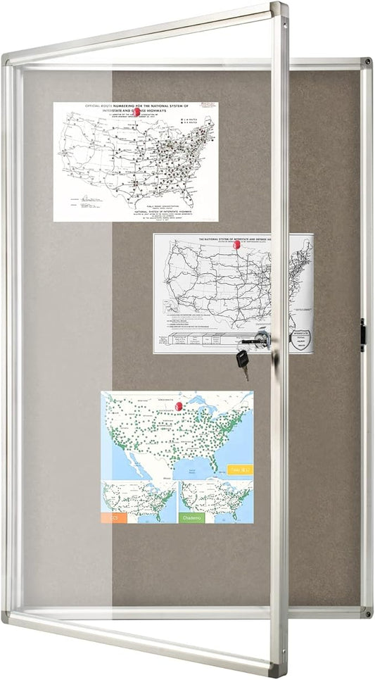 BEST BOARD Enclosed Bulletin Board Lockable Display Case Message Board with Locking Door for Indoor, Grey Felt, Aluminum Frame, 36 X 24 in