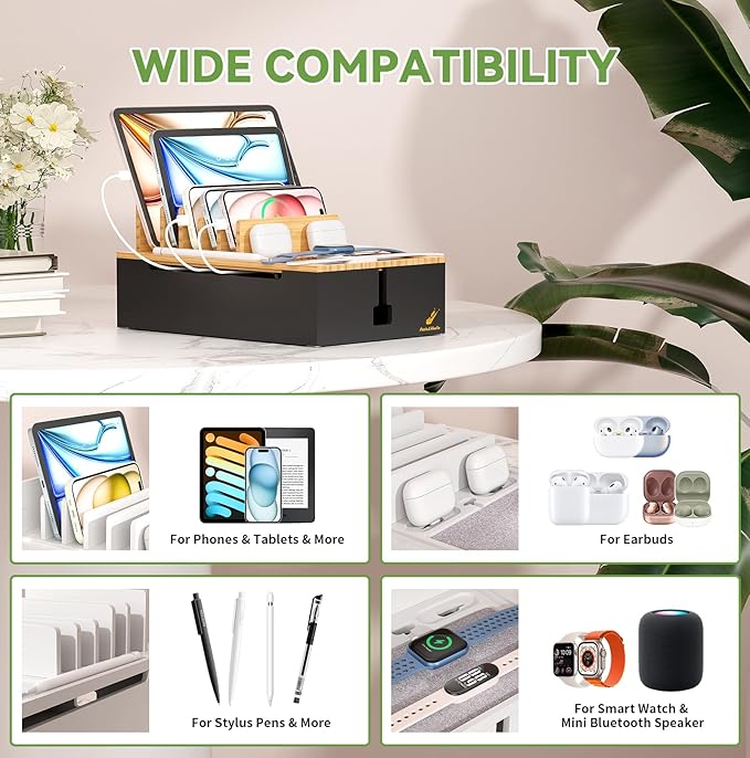 Pezin & Hulin Bamboo Charging Station, Electronic Devices Organizer for Multiple Devices Charger Such As Cell Phone, Tablet, Watch and More, Natural+Black, (No USB Charger and Cables