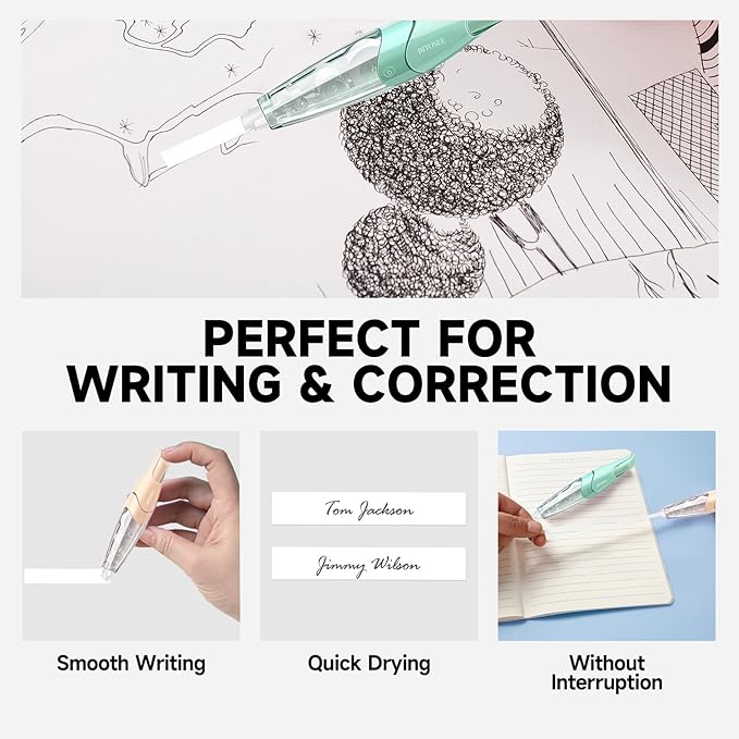 BITOSEE White Correction Tape, Retractable Refillable Correction Tape, With Smooth Pull Out Tape Applicator, Aesthetic Cute Correction Pen for Office Supplies
