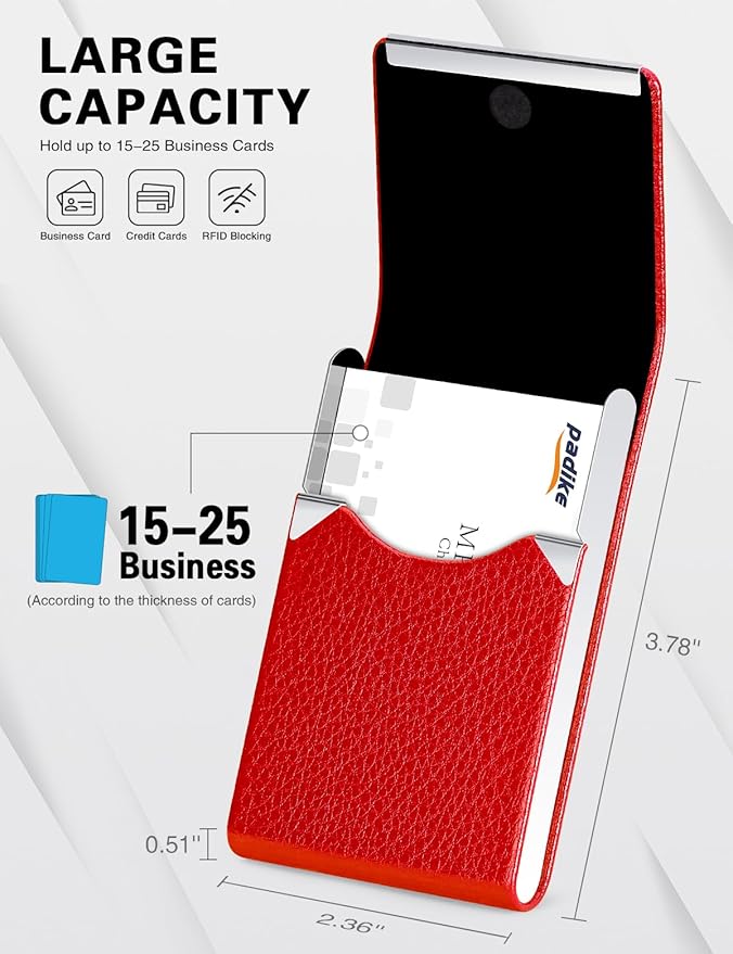 Padike Leather Business Card Holder for Women Leather Stainless Steel Business Card Case with Magnetic Shut (Red)