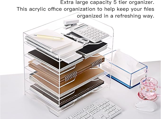 HeZone Acrylic Paper Letter Tray Organizer, 5 Tiers, Transparent, Modern, Rectangular, Stackable, Office