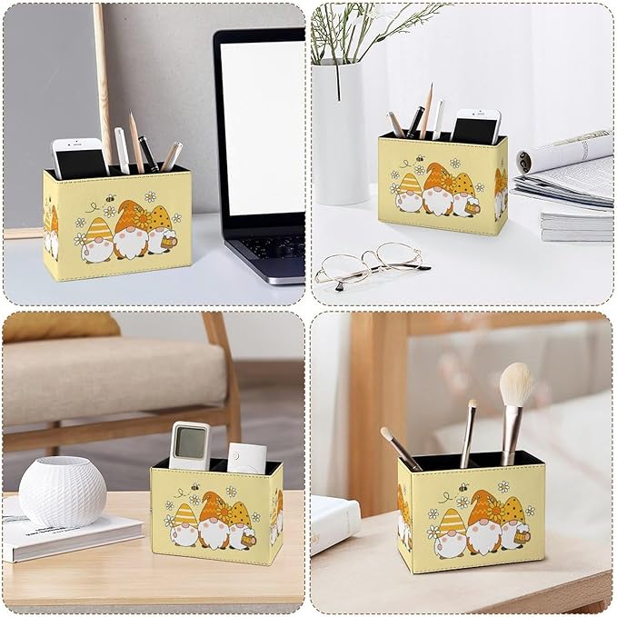 Famame Cute Sunflower Bee Gnomes Pencil Holder for Desk, Leather Desktop Container Pen Cup Storage Study Table Pen Organizer Makeup Brushes Holder for Office Home