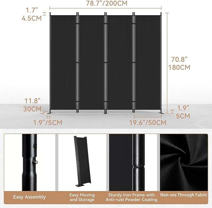 C-Hopetree 4 Panels Room Divider, 6 Ft Tall Indoor Folding Privacy Screen, Portable Partition Separator, Freestanding Separation Temporary Wall for Office, Bedroom, 80" W X 71" H, Black