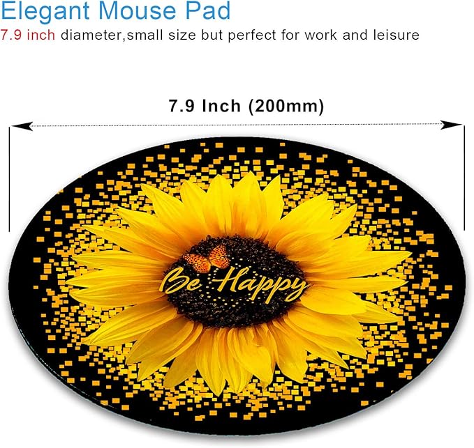 IMAYONDIA Round Mouse Pad, Sunflower and Butterfly Mouse Pad, Yellow Flower Mouse Mat, Inspirational Quote Be Happy Mousepad, Non-Slip Rubber Base MousePads for Office Laptop Computer, 7.9 x 7.9 Inch
