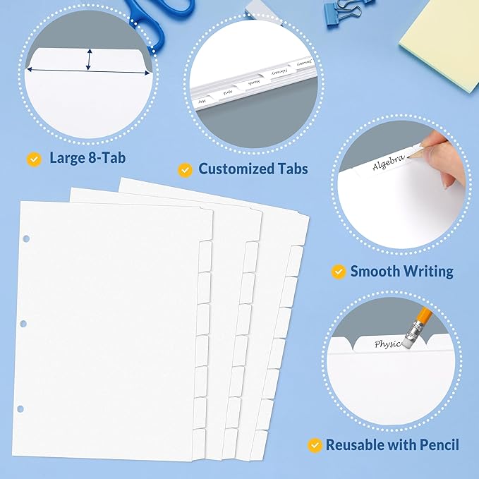 SUNEE Binder Dividers with Tabs for 3 Ring Binder, 8.5 x 11 Paper White Binder Dividers Blank with 8 Tabs, 12 Sets Page Dividers for School, Office and Home, 96 Dividers