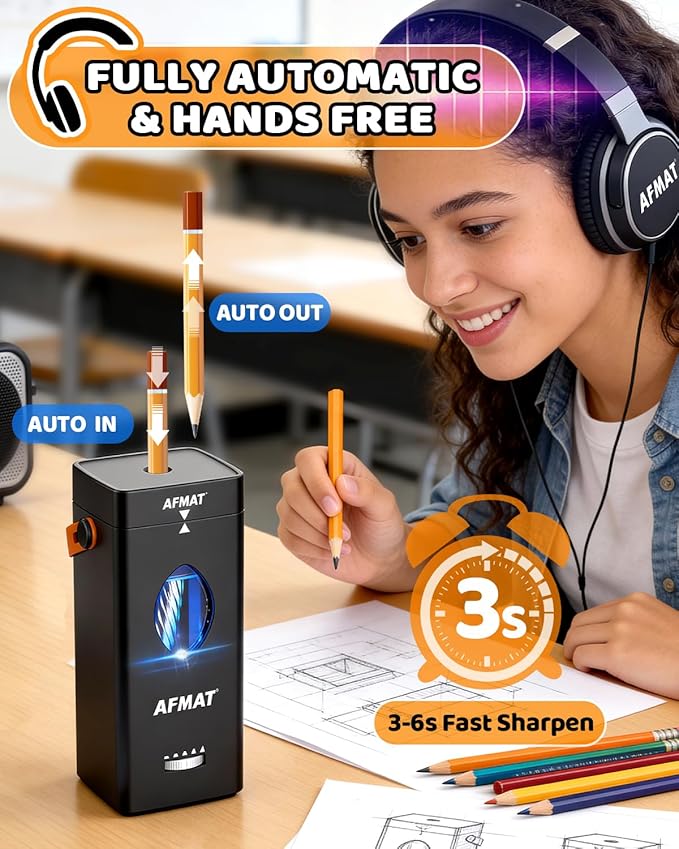 AFMAT Electric Pencil Sharpener, Fully Automatic Pencil Sharpener for 6-12mm No.2/Jumbo Pencils, Auto in & Out, 5 Sharpness Modes, Rechargeable Heavy Duty Sharpeners for Classroom/Home/Office PSC7