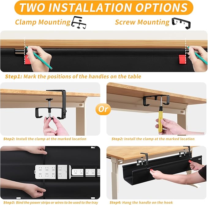 SUREUP9 No Drill Under Desk Cable Management Tray, 28" Cord Organizer with Clamp, Fabric Cable Management for Standing Desks, Ideal for Home & Office - Black