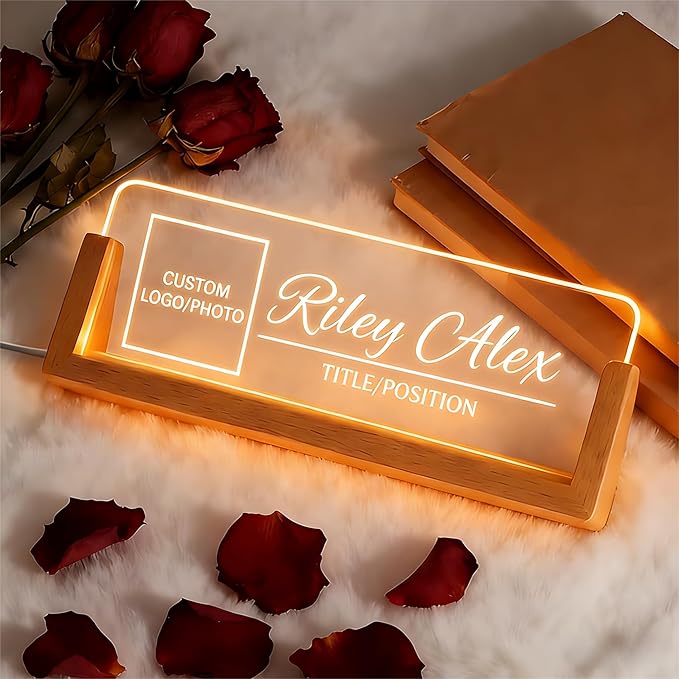 Custom Light Up Office Name Plate, Personalized Desk Sign with Logo or Photo, Coworkers Team Members, Employee Appreciation Gifts