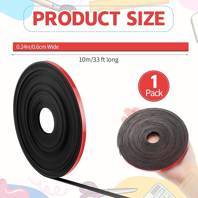 AmazingSpark Magnetic Tape Roll Thin Strips, 1/4 Inch x 33 Feet Magnetic Board Dividers Whiteboard Graphic Decorative Tape Marking Line for Classroom Office Art Accessories(Red)