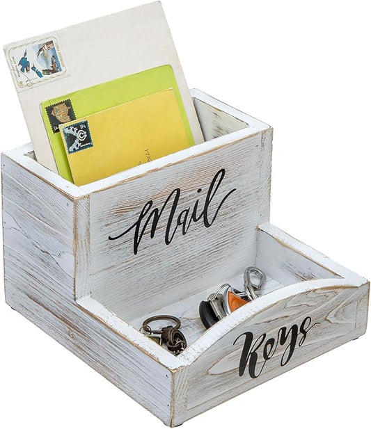 MyGift Shabby Whitewashed Solid Wood Mail Holder and Key Organizer Entryway Storage Tray with Cursive Mail and Keys Word Design, Office Desktop Organizing Bin