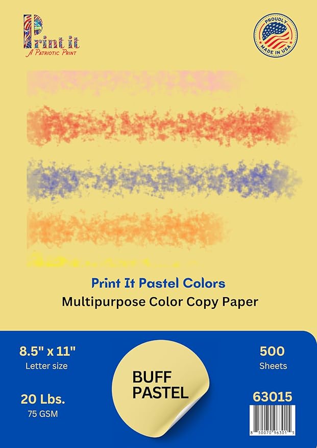PrintIt Colors Multipurpose Paper, 20 lbs., 8.5" x 11", 500 Sheets/Ream – Premium Colored Copy Paper for Printing, School, and Office Use (Buff)