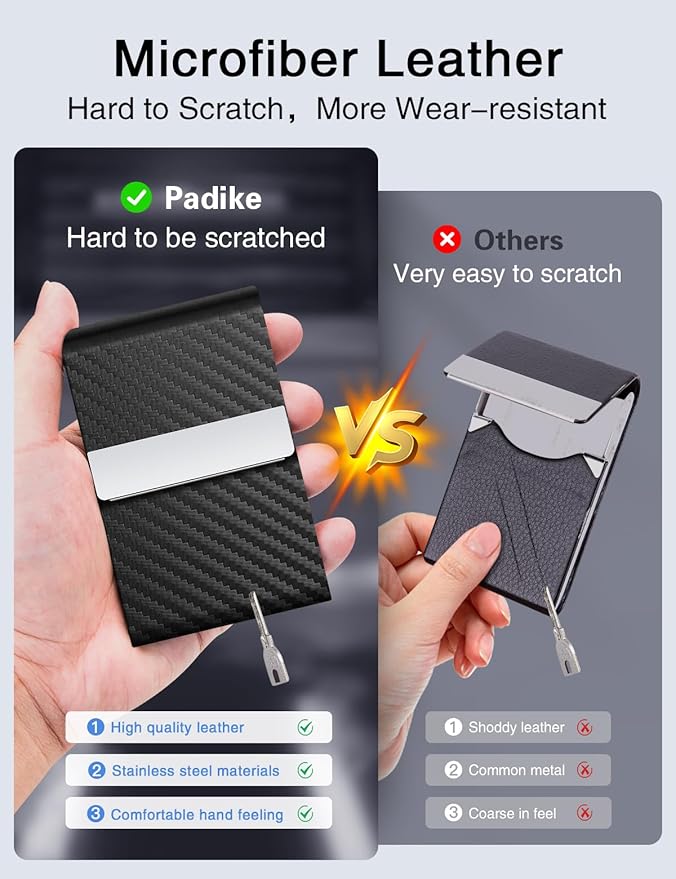 Padike Professional Business Card Holder PU Leather Business Card Case Name Card Holder Slim Metal Pocket Card Holder with Magnetic Shut (Black-1)