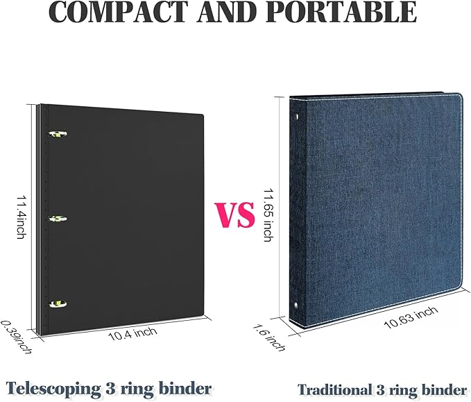 INFUN Telescoping 3 Ring Binder, Portable Plastic Binder with Telescoping Spine, 0.75 inch Rings， Foldable Front Cover Holds 8.5" x 11" Paper for School,Office and Homes-Black