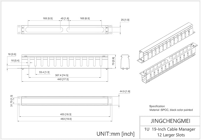 Jingchengmei 2 Pack of All Metal 1U Cable Management Horizontal Rack Mount Cable Manager with 12 Big Finger Slots for 19-inch Server Rack or Cabinet