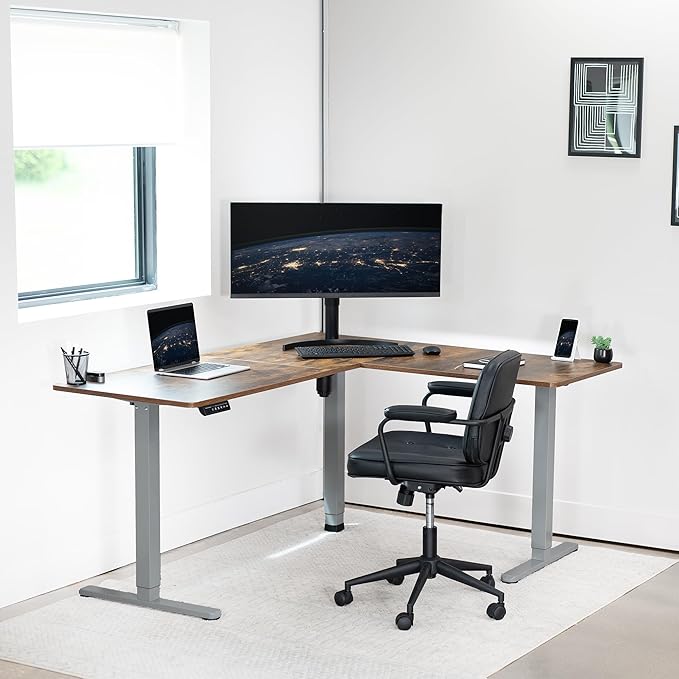 VIVO Electric Corner 63 x 55 inch L-Shaped Standing Desk, Memory Height Adjustment, Rustic Vintage Brown Top Gray Frame, DESK-E3CTGN