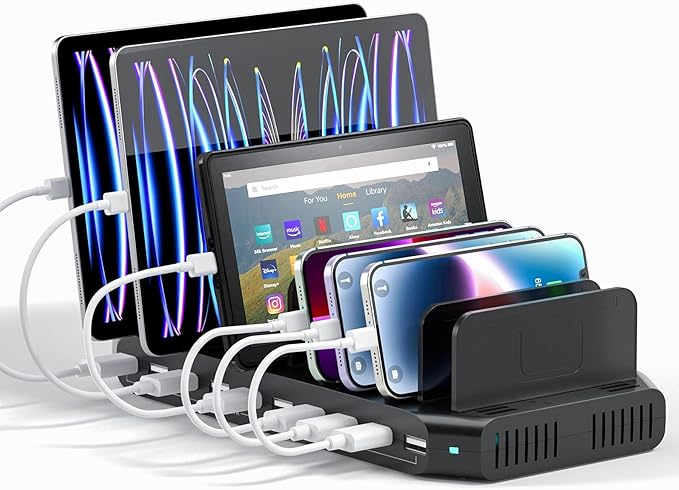 Alxum 60W 10 Port USB Charging Station Multiple Charger Station, USB Organizer Stand for iPad, iPhone Xs Max, X, 8 Plus, Samsung Galaxy, Google Pixel, LG stylo, Black (60W)