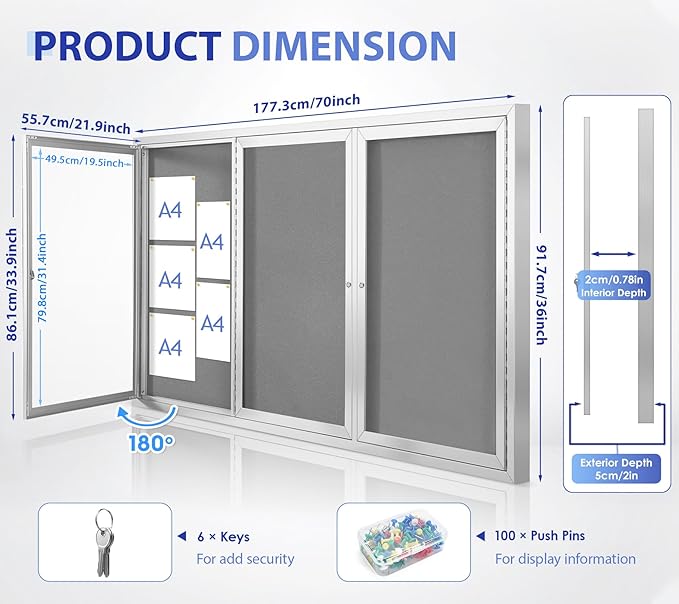 SWANCROWN Weather Resistant Enclosed Bulletin Board Gray Fabric Displays Boards Wall Mounted Notice Cabinet with Three Locking Doors, 70x36 inches
