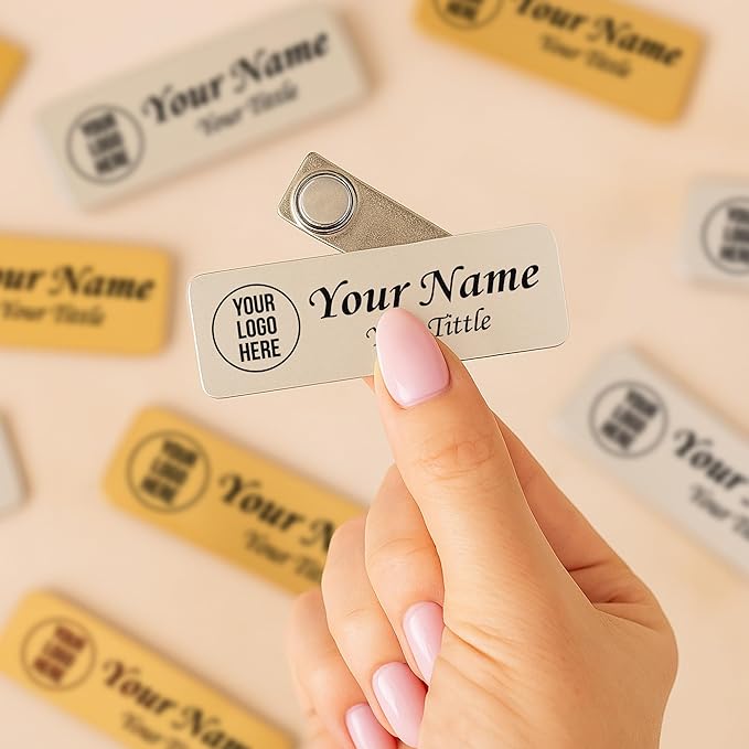 Custom Engraved ID Name Tag Badges Identification Personalized with Text & Logos, Metal Name for Clothing with Pin or Magnetic Backing Plates for Business and Employees (Text with Logo)