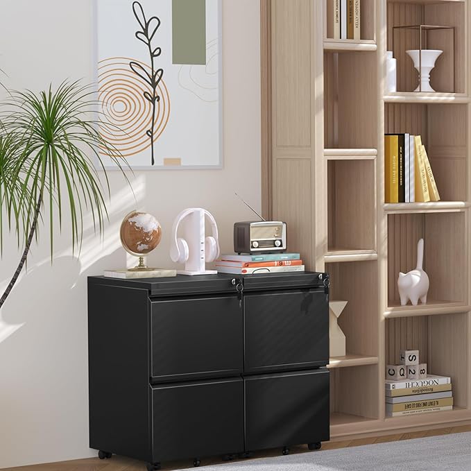 INTERGREAT Mobile File Cabinet with Lock,Under Desk Rolling Metal Filing Cabinet for Home Office, Black 2 Drawer File Cabinets with Wheels for Legal/Letter/A4 File