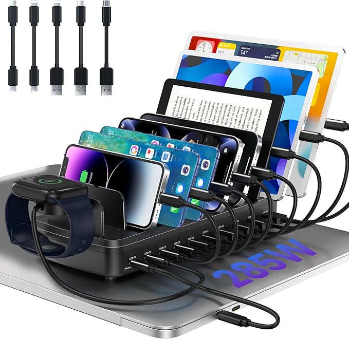 285W Charging Station for Multiple Devices, 10 Ports Fast Multi-Device Charger Organizer Compatible with MacBook Pro Laptop, iPhone, Android, Ipad, Tablet, Kindle, Multi-Device Charging Dock（Black）